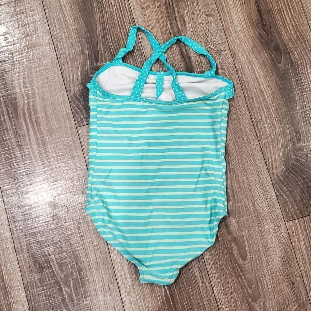 Girl Swim Suit Size 10-12 Aqua Striped and Polka Dot Swimsuit Set 2 Pieces